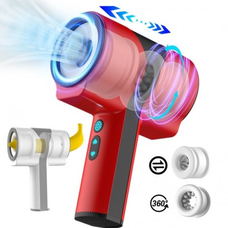 Masturbateur Teles Coop Rouge - Vibration/Va-Et-Vient/Rotation - A Poignée - 2 Côtés ouverts - USB - 22 cm / Ø 9 cm - Suckmetoys