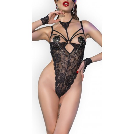 Ensemble 3 Pièces - Body String Miranda Aux Seins Nus - Dentelle Noire - Mitaines - Loup - Tailles : S/M - L/XL - Chilirose