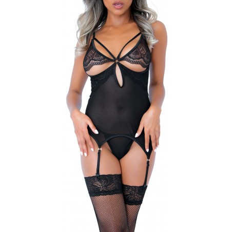 Guêpière A Porte-Jarretelles Lace and Mesh Noir - String - Dentelle Florale - Tissu Semi Opaque - S/M - L/XL - Daring Intimates