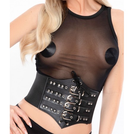 Corset Cinchery - Simili Cuir Noir - Etirable Sur 15 cm - Bandes A Boucles Et Rivets En Métal Devant - S-M / L-XL - Kinky Diva