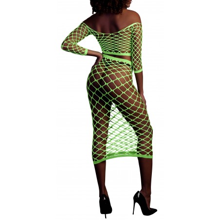 Ensemble En Résille Vert Phosphorescent - Top Manches Longues - Jupe - Tailles : XS/XL - XL/4XL - Ouch