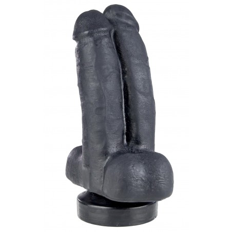 Double gode Collé Avec Testicules Tim & Rod - A Ventouse - Vaginal Ou Anal - Vinyle Noir - 16 Cm / 8 Cm - Bad Boy Bang