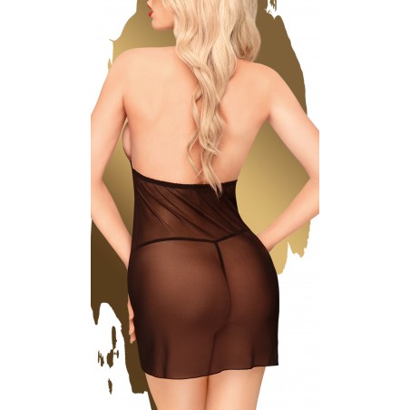 Nuisette Bedtime Story Dentelle Florale Et Voile Noir - Se Noue Au Cou - String Assorti - Tailles : S-M / M-L / L-XL - Penthouse