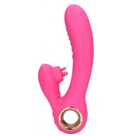 Rabbit Nervuré Tongue Flicker Fuchsia - 3 Langues Clitoridiennes Chauffantes - Rechargeable - 13,5 cm / Ø 3,5 cm - Loveline