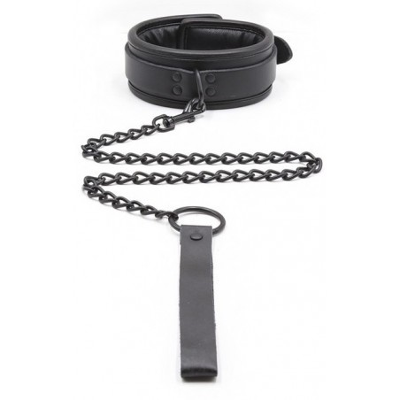 Collier Réglable Doublé - Simili Cuir Noir Et Laisse En Métal - Tour de cou 40 A 51,5 cm - Fukr