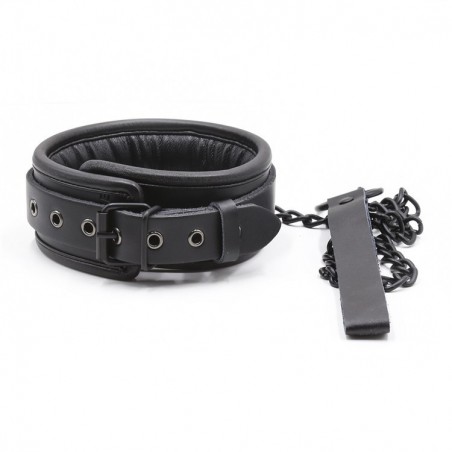 Collier Réglable Doublé - Simili Cuir Noir Et Laisse En Métal - Tour de cou 40 A 51,5 cm - Fukr