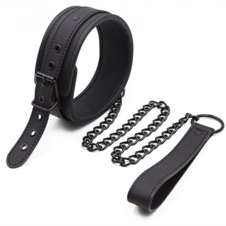 Collier Et Laisse Rembourré De Néoprène - Simili Cuir Noir - Circonférence : 48 cm Réglable - Laisse : 57 cm - Fukr