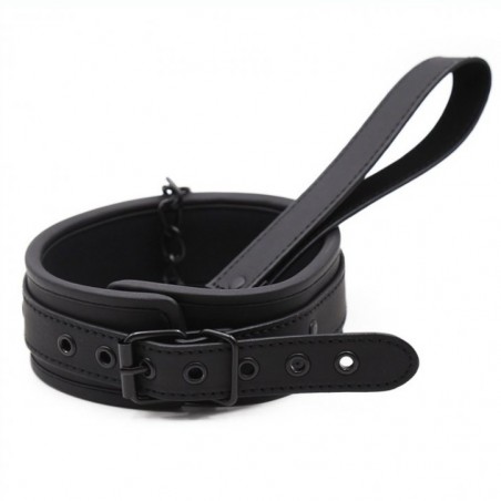 Collier Et Laisse Rembourré De Néoprène - Simili Cuir Noir - Circonférence : 48 cm Réglable - Laisse : 57 cm - Fukr