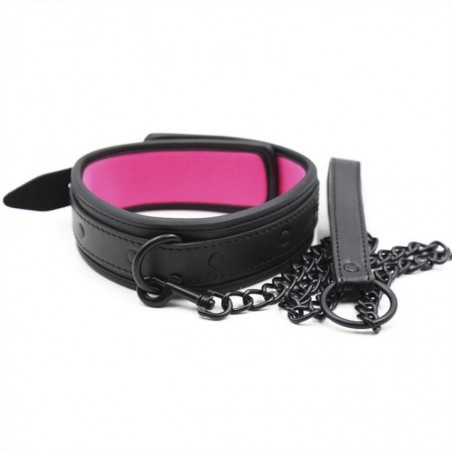 Collier Et Laisse Rembourré Rose - Simili Cuir Noir - Circonférence : 48 cm Réglable - Laisse : 60 cm - Fukr