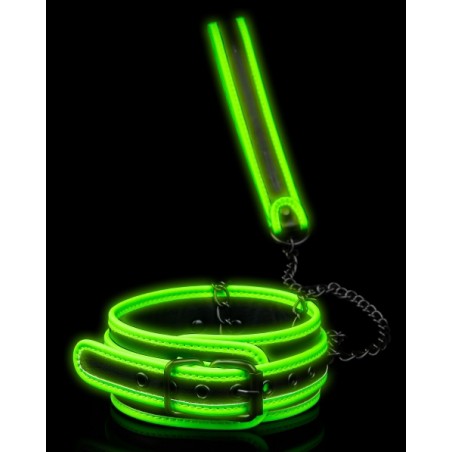 Collier Réglable Et Laisse Glow Phosphorescent - Simili Cuir Vert - Circonférence : 54 cm Réglable - Laisse : 1 M - Ouch