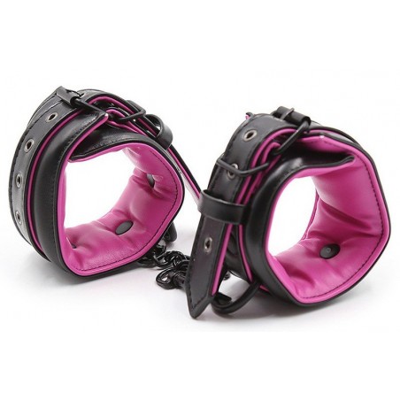 Paire de Menottes Pour Poignets - Rembourrées Rose - Simili Cuir Noir - Chaîne En Métal Noir 19 cm - Generique