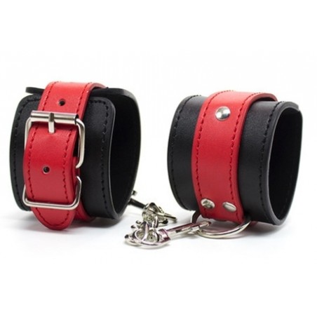 Menottes Pour Poignets Cuffy - 15 A 26 cm / Ø 5,8 cm - Simili Cuir Noir Et Rouge - Mousqueton Et Chaîne Métal - Generique