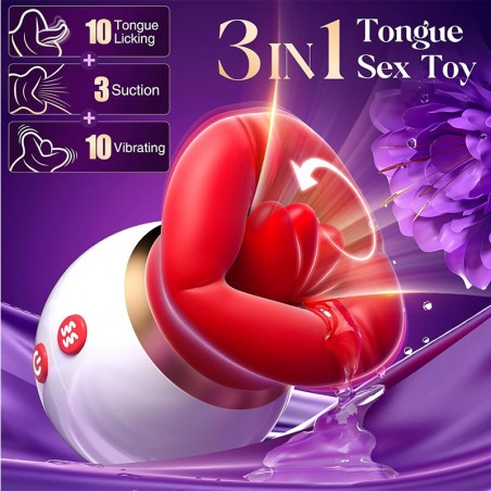 Stimulateur Avec Langue - Vibration Et Aspirantion - Kissmouth Rouge Et Blanc - Rechargeable - 10 cm / Ø 7 cm - My Play Toys
