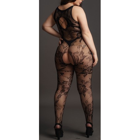 Combinaison Grande Taille Flora - Ouverte A l'Entrejambe - Résille Florale Noire - Le Desir