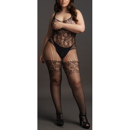 Combinaison Grande Taille Anabella Effet Porte Jarretelle - Ouverte A l'Entrejambe - Résille Florale Noire - Le Desir