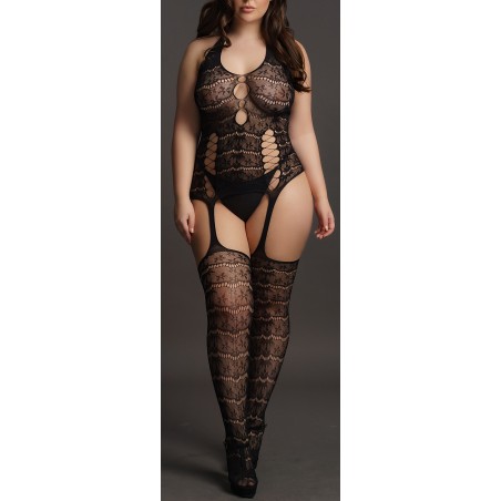 Combinaison Grande Taille Lace Suspender Effet Porte Jarretelle - Ouverte A l'Entrejambe - Résille Florale Noire - Le Desir