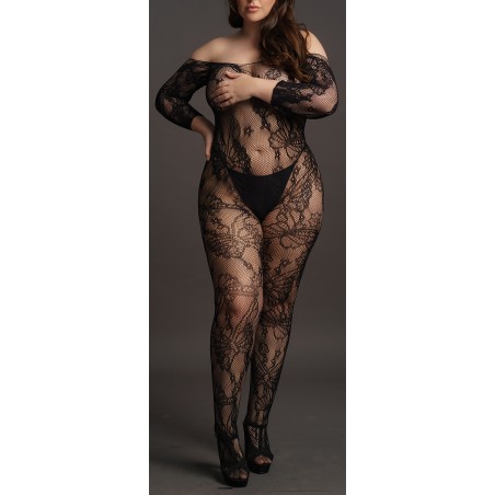 Combinaison Grande Taille Lace Sleeved - Manches Longues - Ouverte A l'Entrejambe - Résille Florale Noire - Le Desir