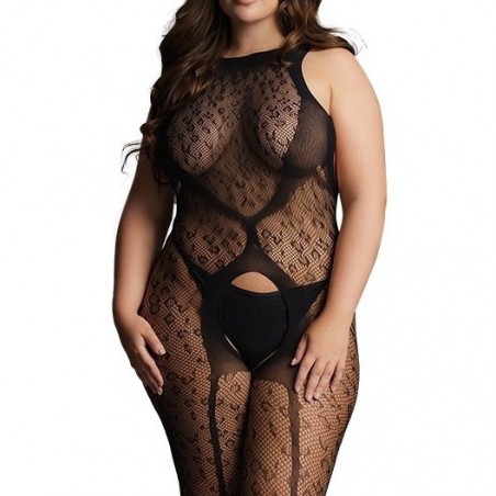 Combinaison Grande Taille Crotchless Leopard Effet Porte Jarretelle - Ouverte A l'Entrejambe - Résille Noire - Le Desir