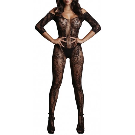 Combinaison Lace Sleeved Ouverte A l'Entrejambe - Epaules Dénudées - Manches Longues - Résille Florale Noire - T U - Le Desir