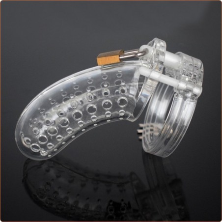 Cage De Chasteté Perforated - 5 Anneaux - Eléments De Calage - Cadenas - Clés - ABS Transparent - 9,5 Cm / Ø 3,5 Cm - Fukr