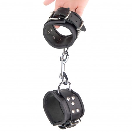 Menottes Poignets Cuir Noir Fin Non Rembourré - Mousquetons Amovibles Et Chaîne Métal - Ø 25 cm / 6,5 cm - The Red