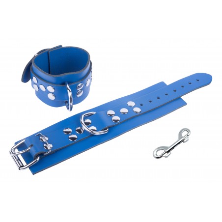Menottes Poignets ou Chevilles - Cuir Bleu Fin Non Rembourré - Mousqueton Amovible Métal - Ø 21 A 32 cm / 6 cm - The Red
