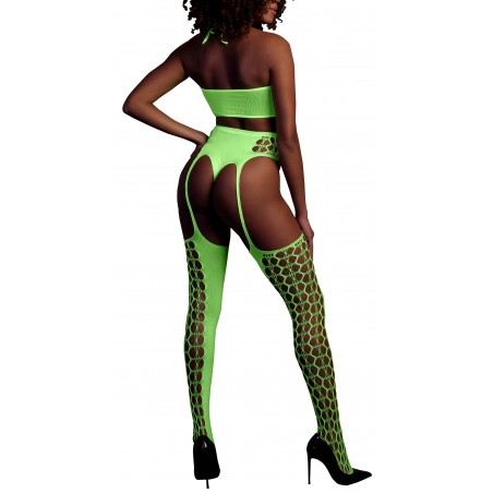 Ensemble Vert Fluo - Bustier Et Porte Jarretelle A Croisillons - Tailles : XS/XL - XL/XXXXL - Ouch