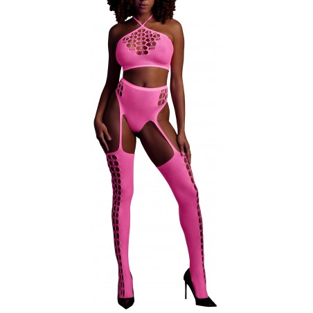 Ensemble Rose Fluo - Bustier Et Porte Jarretelle A Croisillons - Tailles : XS/XL - XL/XXXXL - Ouch
