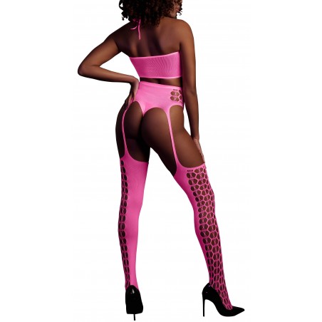 Ensemble Rose Fluo - Bustier Et Porte Jarretelle A Croisillons - Tailles : XS/XL - XL/XXXXL - Ouch