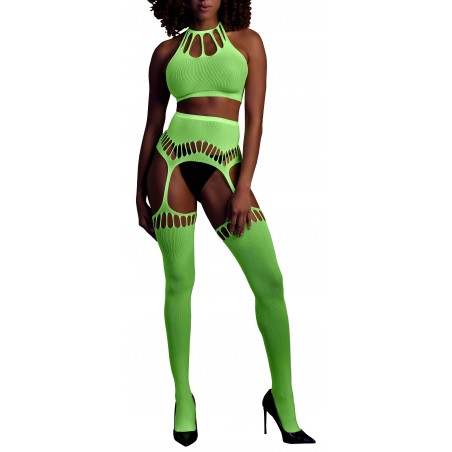 Ensemble Vert Fluo - Bustier Et Porte Jarretelle A Ouvertures Ovales - Tailles : XS/XL - XL/XXXXL - Ouch