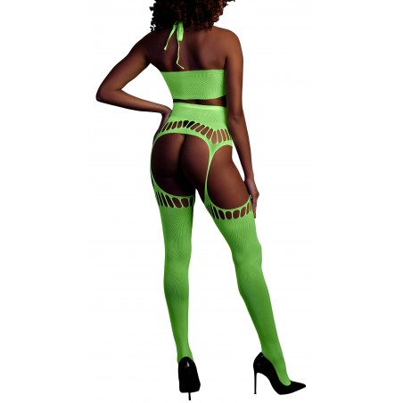 Ensemble Vert Fluo - Bustier Et Porte Jarretelle A Ouvertures Ovales - Tailles : XS/XL - XL/XXXXL - Ouch