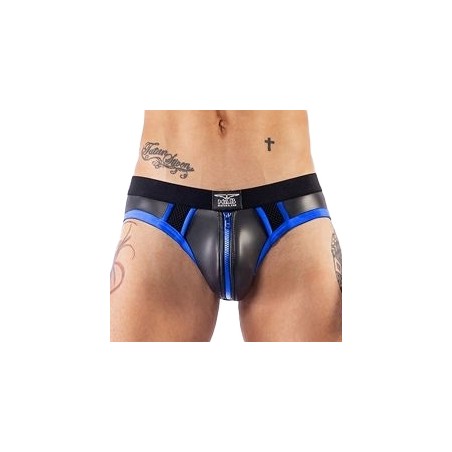 JockStrap Brief Néoprène Noir Et Bleu - Fesses Nues - Zip Devant - Tailles : XS / S / M / L / XL / XXL - Miser B