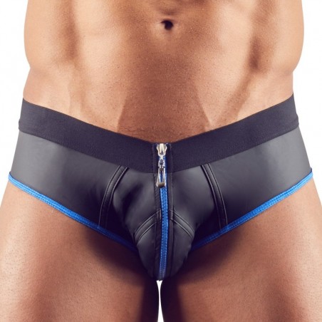 JockStrap Joy - Fesses Nues - Zip Sur Le Devant - Tissu Noir - Bandes Bleues - Tailles : S / M / L / XL - Sven Joyment