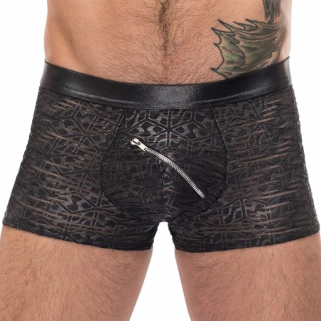 Boxer Zip Pouch Noir - Motifs Aztèques - Ouverture Devant Par Fermeture Eclair - Tailles : S / M / L / XL - Male Power