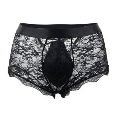 Boxer Court Lacien En Dentelle Noire - Ouvert A L'Arrière Avec Lacets Satinés - Tailles : S / M / L / XL - NoGenderWear