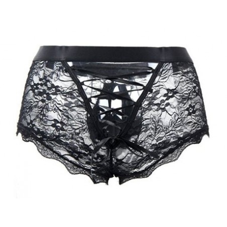 Boxer Court Lacien En Dentelle Noire - Ouvert A L'Arrière Avec Lacets Satinés - Tailles : S / M / L / XL - NoGenderWear