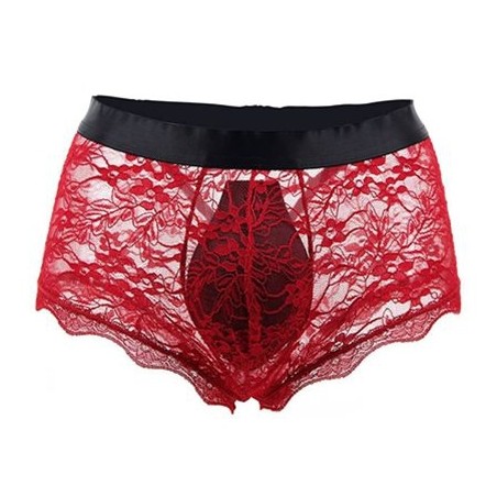 Boxer Court Lacien En Dentelle Rouge - Ouvert A L'Arrière Avec Lacets Satinés - Tailles : S / M / L / XL - NoGenderWear