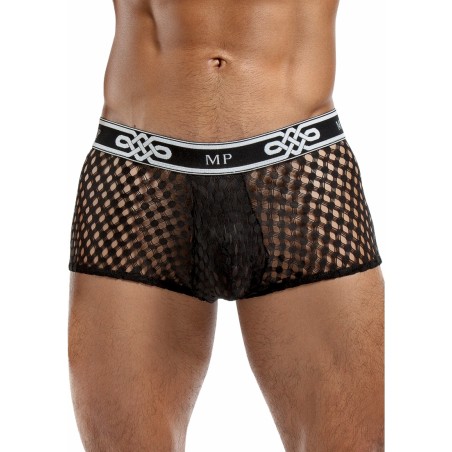 Boxer Peep Net - Tissu A Grosses Mailles Noir - Ceinture Blanche - Tailles : S / M / L / XL - Male Power