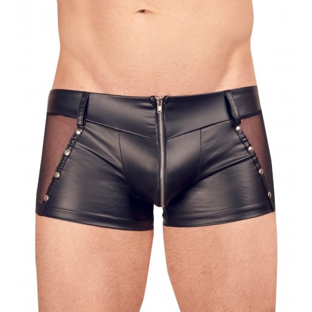 Boxer Naxis En Simili Cuir Noir - Zip Devant - Tulle Sur Les Côtés - Tailles : S / M / L / XL / XXL - Svenjoyment