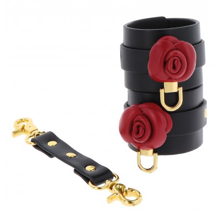 Menottes Pour Poignets Wild Roses - Roses Rouges - Sangles Noires - Détails Métal Doré - 19 A 24 cm - Taboom