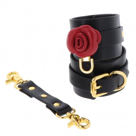 Menottes Pour Chevilles Wild Roses - Roses Rouges - Sangles Noires - Détails Métal Doré - 24 A 30 cm - Taboom