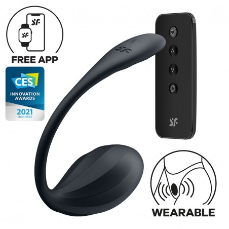 Vibromasseur - Œuf Vibrant Ribed Petal Noir - Télécommandé - Connecté - Waterproof - Rechargeable - 8,5 / Ø 3,8 cm - Satisfyer