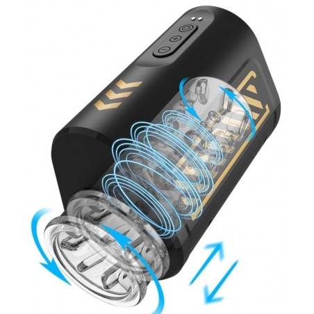 Masturbateur Warny Noir Et Doré - Va-Et-Vient Et Rotation - Gaine Structurée - Rechargeable - 14 cm / Ø 4 cm - SuckMeToys