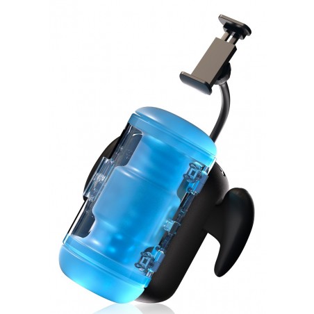Masturbateur Vibrant Wingman Pro Bleu Va-Et-Vient - 2 Poignées - Support Smartphone - Rechargeable - 14 cm / Ø 4 cm - Blowcast