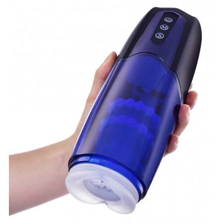 Masturbateur Vibrant Xone - Connecté - Rechargeable - Coque A LED Bleu - 13 cm / Ø 3,3 cm - Magic Motion