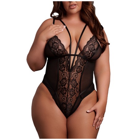 Body Carlita Grande Taille - Dentelle Et Voile Noir - Diverses Lanières Réglables - Le Desir