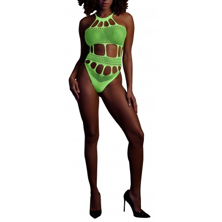 Body En Résille Vert Phosphorescent - Encolure Grecque - Grands Croisillons - Tailles : XS/XL - XL/4XL - Ouch