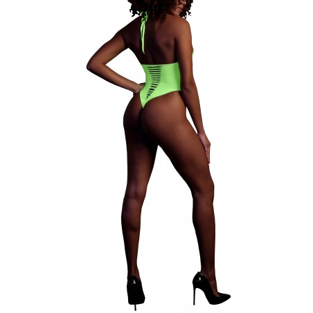 Body Echancré et Dos Nu Vert Phosphorescent - Col Se Nouant Au Cou - Croisillons Devant Et Dos - Tailles : XS/XL - XL/4XL - Ouch