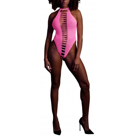 Body Echancré et Dos Nu Rose Phosphorescent - Col Se Nouant Au Cou - Croisillons Devant Et Dos - Tailles : XS/XL - XL/4XL - Ouch
