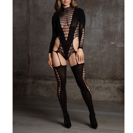 Combinaison A Manches Longues Kalyke - Effet Porte Jarretelle - Résille Noire - Taille : Du XS Au XL - Le Desir